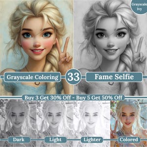 May include: A digital illustration of a young woman with long blonde hair, wearing a blue dress and a heart necklace. The image is in grayscale and has a digital art style. The text "Grayscale Coloring" and "Fame Selfie" are visible in the image. The text "Buy 3 Get 30% Off - Buy 5 Get 50% Off" is also visible. The image is divided into four sections, each showing a different version of the image: dark, light, lighter, and colored.