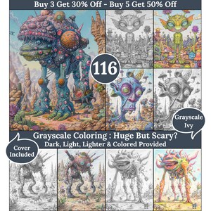 May include: A digital download of a coloring page featuring a large, detailed, and slightly scary creature with multiple eyes. The image includes a variety of different color variations of the creature, including a grayscale version, a dark version, a light version, a lighter version, and a colored version. The text "Grayscale Coloring: Huge But Scary?" is included in the image. The text "Dark, Light, Lighter & Colored Provided" is also included in the image.