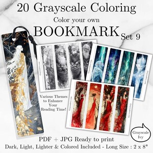 Könnte beinhalten: Ein Set von Malvorlagen-Lesezeichen in Graustufen mit verschiedenen Themen, darunter Fantasy-Kunst und Porträts. Die Lesezeichen sind 5 x 20 cm groß und als PDF und JPG druckfertig. Dunkle, helle, hellere und farbige Versionen sind enthalten.
