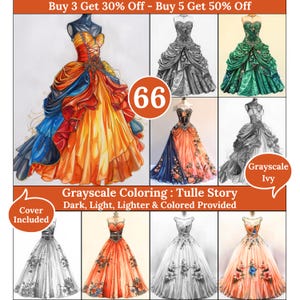 Può includere: Un set di 66 pagine da colorare in scala di grigi che rappresentano un abito di tulle con dettagli floreali. Le pagine includono una versione scura, chiara, più chiara e colorata dell'abito. La copertina è inclusa.