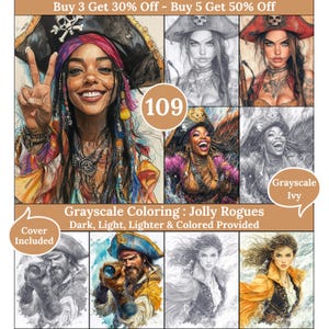 Custom Order, Jolly Rogues, 109 Pirate-Themed Printable Grayscale Pages, Includes Dark, Light & Colored Illustrations