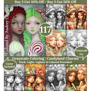 Peut inclure: Une impression d'art numérique présentant des pages de coloriage en niveaux de gris Candyland Charms. L'image comprend des illustrations de filles avec des accessoires sur le thème des bonbons, avec le texte "Colored By Audrey Chauvet" et "Grayscale Coloring: Candyland Charms".