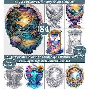 Peut inclure: Une collection numérique de 84 pages de coloriage en niveaux de gris représentant des paysages dans des coquillages, des calices, des sabliers et des tasses. L'ensemble inclut des versions sombres, claires et colorées de chaque motif.