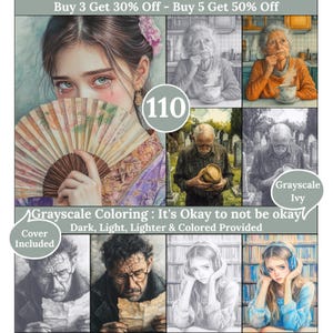 Peut inclure: Une compilation d'art numérique avec des pages à colorier en niveaux de gris. L'image comprend une femme avec un éventail, des personnes âgées et d'autres illustrations. Le texte comprend "Grayscale Coloring: It's Okay to not be okay."