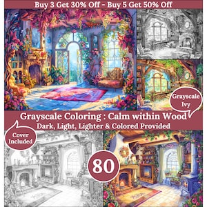 Peut inclure: Un livre de coloriage numérique en niveaux de gris intitulé "Calm within Wood". L'image montre une illustration détaillée d'une pièce avec une cheminée, des meubles et des décorations florales. Le livre comprend 80 pages et propose des versions sombres, claires et colorées.