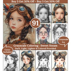 Puede incluir: Una página de colorear digital que presenta a una joven con gafas steampunk y cabello trenzado. La imagen incluye múltiples versiones de la niña en escala de grises, claro, más claro y coloreado. El texto "Grayscale Coloring: Sweet Steam" y "Dark, Light, Lighter & Colored Provided" está incluido en la imagen.