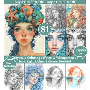 Peut inclure: Une impression d'art numérique présentant des pages de coloriage en niveaux de gris avec des illustrations sur le thème des sirènes. L'image comprend un portrait coloré d'une sirène avec une coiffe de coquillages et le texte "Grayscale Coloring: Waves & Whispers set 2".