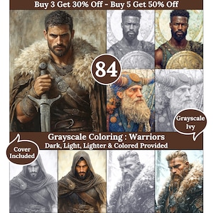 Peut inclure: Une collection numérique de 84 pages de coloriage en niveaux de gris représentant des guerriers, incluant des personnages barbus en manteaux de fourrure, des figures encapuchonnées et des combattants en armure. Versions sombres et claires incluses.