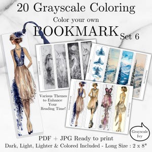May include: Set of 20 printable grayscale bookmarks featuring various themes, including a woman in a dress, unicorns, and winter landscapes. The bookmarks are 2 inches wide by 8 inches long.  "Color your own bookmark set 6" is written on the image.