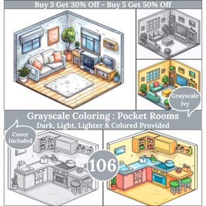 Peut inclure: Une collection de pages à colorier en niveaux de gris représentant des scènes de pièces miniatures. Les images incluent des salons et des cuisines, avec des options pour des versions sombres, claires et colorées. Le texte comprend "Grayscale Coloring: Pocket Rooms".