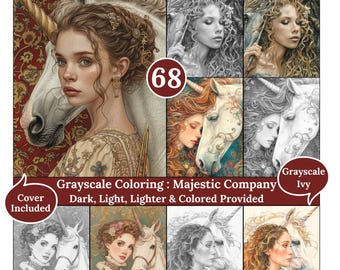 May include: A set of 68 grayscale coloring pages featuring a woman with a unicorn. The pages include a cover page, dark, light, lighter, and colored versions of the image. The text "Grayscale Coloring: Majestic Company" is displayed on the image.