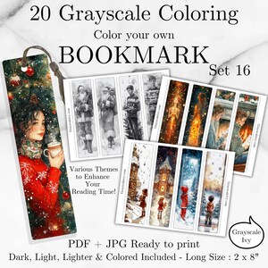 Peut inclure: Un ensemble de 20 marque-pages à colorier en niveaux de gris, ensemble 16, avec divers thèmes. Les marque-pages mesurent 5 x 20 cm et incluent les formats PDF et JPG. L'image montre une femme en pull rouge tenant une tasse et d'autres images en niveaux de gris.