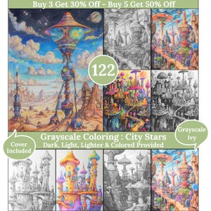 Pode incluir: Página de colorir em tons de cinza que apresenta uma cidade com edifícios em forma de cogumelo e um disco voador. A página inclui uma versão colorida da imagem, bem como uma versão em tons de cinza escura, clara e mais clara. O título da página é "Colorir em tons de cinza: City Stars".