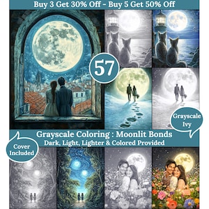Peut inclure: Une collection numérique de pages de coloriage en niveaux de gris intitulée Moonlit Bonds, présentant diverses scènes de couples et de chats sous la pleine lune. Les images incluent un couple à une fenêtre, des chats près d'un phare et des couples dans des champs, avec des versions sombres, claires et colorées.