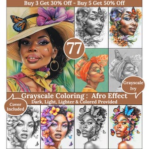 Peut inclure: Un ensemble de 77 pages à colorier en niveaux de gris représentant des femmes avec des coiffures afro et des motifs floraux. Les pages comprennent différentes nuances de gris, des versions claires, plus claires et colorées. Le texte "Coloriage en niveaux de gris : Effet Afro" est inclus dans l'image.
