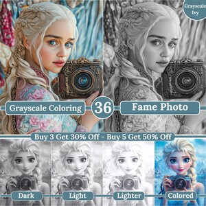 May include: A digital art print featuring a woman with blonde hair holding a vintage camera. The image is presented in both color and grayscale versions, with the text "Grayscale Coloring" and "Fame Photo". Additional images show different color variations.
