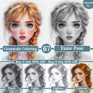 May include: Digital art featuring a woman with braided hair, presented in both color and grayscale versions. The image includes text that reads "Grayscale Coloring" and "Fame Pose", along with a promotional offer.