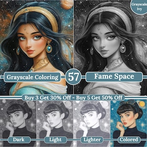 May include: Digital art featuring a woman with long dark hair, adorned with gold and turquoise jewelry. The image is split, showing a colored and grayscale version. Text includes "Grayscale Coloring," "Fame Space," and "Buy 3 Get 30% Off - Buy 5 Get 50% Off."