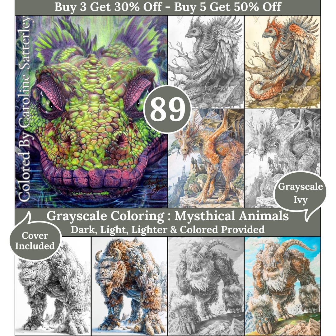 Mysthical Animals, 89 Coloring Pages, Stress Relief, Grayscale Drawings ...