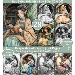 May include: Digital art print of grayscale coloring pages. The image shows illustrations of fantasy characters reading books, with the text "Grayscale Coloring: Quiet Pages" and "Cover Included".