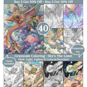 May include: A set of 40 grayscale coloring pages featuring fantastical creatures and landscapes. The pages include dark, light, lighter, and colored versions. The cover page features a colorful, intricate creature with wings.