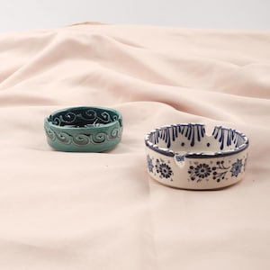 Boho Ceramic Ashtray Set: Turkish Mandala Design, Blue & White