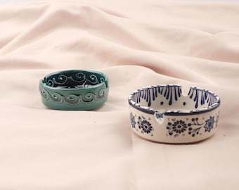 BUY 1 GET 1 Authentic Ashtray Set of 2 – Blue & Gray Ceramic Boho Decor, Turkish Anatolian Style Gift, Moroccan Gift Ashtray