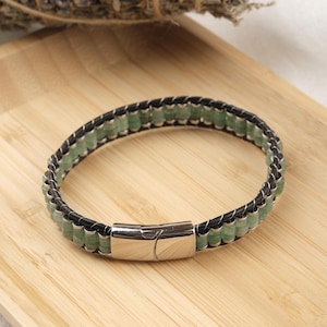 Pulsera de aventurina verde y cuero para hombre, piedra de la oportunidad, pulsera de cristal con hematita, elegante pulsera.