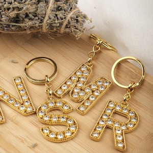 Custom Gold Initial Keychain: Diamond Bling Letter Bag Charm