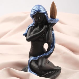 Women Figure Backflow Incense Holder: Navy Blue Resin Smoke Fountain