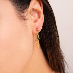 Pandora Minimalist Women’s Earrings, 24K Gold Plated with Emerald Cut Gemstones and Zircon, 925 Sterling Silver Jewelry Gift for Her