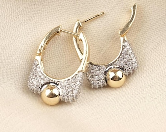 Gold Plated Hoop Earrings: Art Deco Style with Diamond Detail