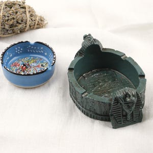 Handmade Ceramic Ashtray Set: Blue & Pharaoh Style Green Vintage Trays