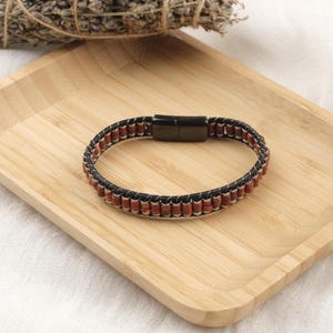 Red Jasper Leather Bracelet for Men: Stone of Vitality, Titanium Lock