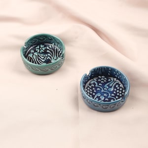 Handmade Ceramic Ashtray Set: Gray & Blue Mandala, Anatolian Design