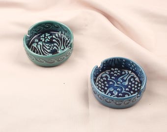 BUY 1 GET 1 Sunstone Balance – Gray & Blue Mandala Ashtray Set of 2, Handmade Ceramic with Anatolian Design, Boho Chic Decor