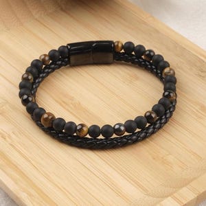 Tiger Eye & Matte Onyx Leather Bracelet for Men: Crystal Power Wristband