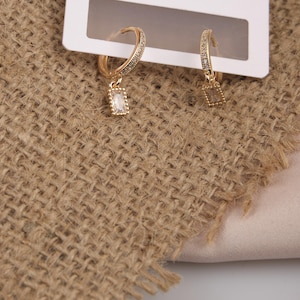 Gold Rectangle Pink Emerald Earrings, Elegant Minimalist Hoops For Women Who Glow, Feminine Statement Jewelry In Brass