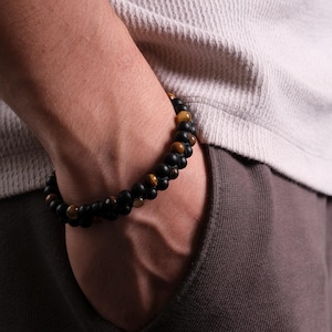 Tiger&#39;s Eye & Matte Black Beaded Bracelet - Grounding Design (22cm)
