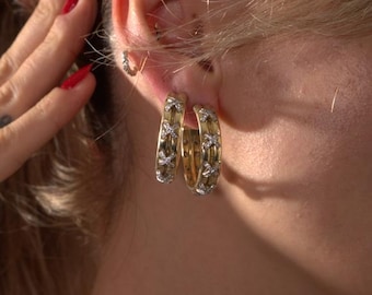 24K Gold Plated X Hoop Earrings: Sterling Silver Zircon Jewelry