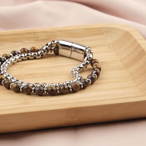 Tiger&#39;s Eye & Hematite Beaded Leather Bracelet for Men: Stone of Courage