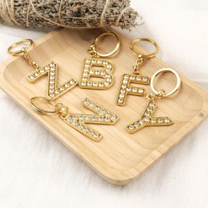 Gold Rhinestone Initial Keychain: Personalized Monogram Charm