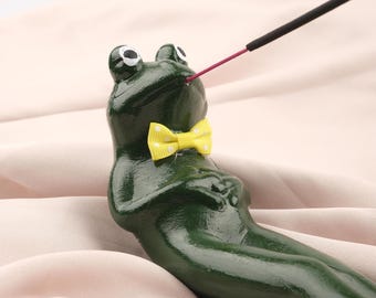 Exotic Green Resting Frog Incense Stick Holder, Unique Meditation Accessories | Authentic Decor, Free Incense Stick Included