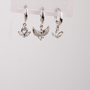 Silver Swan, Fairy And Blooming Flower Hoop Earrings, Spiritual Minimal Jewelry For Women, Hypoallergenic Brass Style