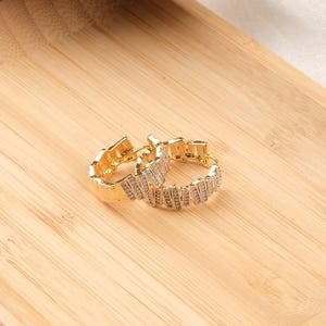 British Lock Gold Hoop Earrings With Emerald-Cut Diamond Accents Hypoallergenic Lightweight Chic Elegant Everyday Jewelry Gift for Women