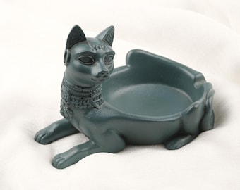 Gray & Light Green Sphinx Cat Ashtray, Ancient Egyptian Style  Unique Vintage Ashtray Lid Gift – 14x10cm Handmade HEAVY ITEM 1LBS
