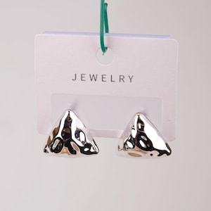 Silver Abstract Pyramid Hoop Earrings, Bold Geometric Jewelry For Women, Modern Hypoallergenic Style In Brass