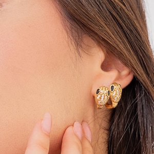 Snake Huggie Earrings for Women in 925 Sterling Silver, 24k Solid Gold Plated, Micron Coated Zircon, Serpent Earrings, Gift for Girlfriend
