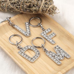 Personalized Rhinestone Initial Keychain: Silver Monogram Bag Charm