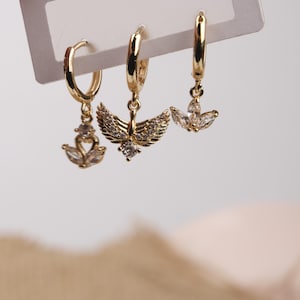 Gold Swan, Fairy And Flower Hoop Earrings, Dreamy Minimalist Jewelry For Women, Hypoallergenic Design, Made In Brass